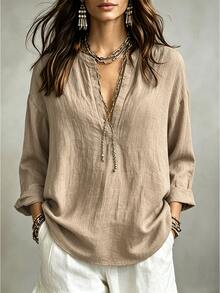Linhara CURVE Plus Size Woven Casual Office-Style Autumn Shirt Fall - Apricot - View 3