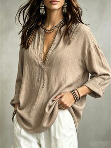 Linhara CURVE Plus Size Woven Casual Office-Style Autumn Shirt Fall - Apricot - View 4