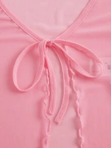 SHEIN ICON Tie Front Lettuce Trim Trumpet Sleeve Mesh Y2k Top - Baby Pink - View 3