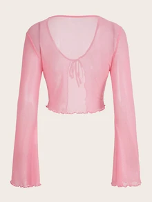 SHEIN ICON Tie Front Lettuce Trim Trumpet Sleeve Mesh Y2k Top - Baby Pink - View 2