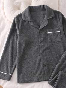 小男孩長袖單排扣口袋上衣與長褲居家服套裝 - 灰色 - 查看 6