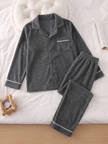 小男孩長袖單排扣口袋上衣與長褲居家服套裝 - 灰色 - 查看 2