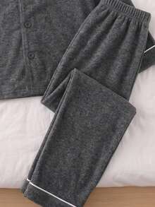 小男孩長袖單排扣口袋上衣與長褲居家服套裝 - 灰色 - 查看 7