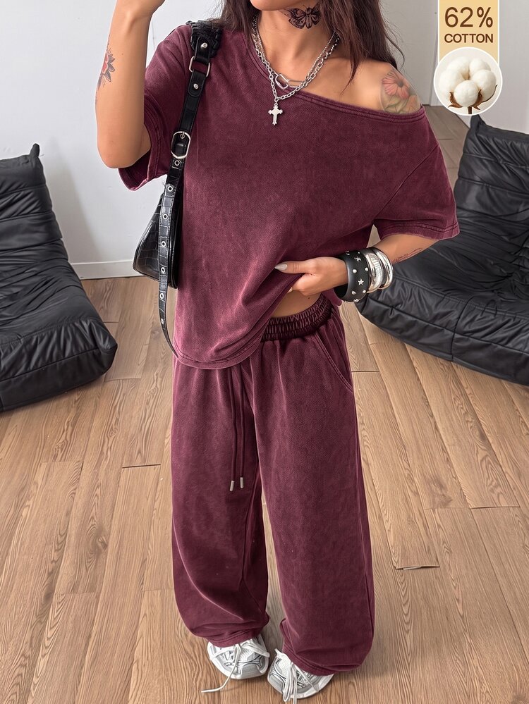 Coolane Women's Summer Streetwear Casual Basic Daily Wear Going Out Washed Dirty 100%Cotton Burgundy Loose Asymmetrical Neck T-Shirt And Straight Pants 2pcs - Burgundy - View 1