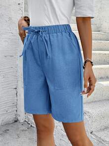 EMERY ROSE Bermuda Shorts Solid Color Side Pockets Loose Fit Knee Length Mid-Waist Fashion Casual Basic Basic Style Vacation Holiday Cornflower Blue Summer - Blue - View 6