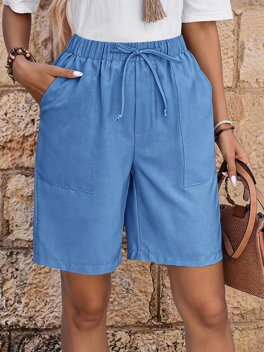 EMERY ROSE Bermuda Shorts Solid Color Side Pockets Loose Fit Knee Length Mid-Waist Fashion Casual Basic Basic Style Vacation Holiday Cornflower Blue Summer - Blue - View 1