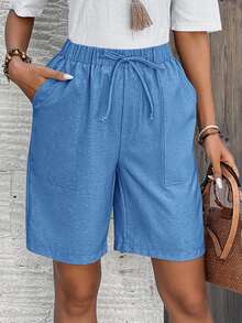 EMERY ROSE Bermuda Shorts Solid Color Side Pockets Loose Fit Knee Length Mid-Waist Fashion Casual Basic Basic Style Vacation Holiday Cornflower Blue Summer - Blue - View 4