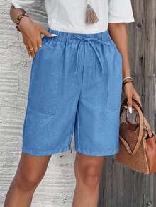 EMERY ROSE Bermuda Shorts Solid Color Side Pockets Loose Fit Knee Length Mid-Waist Fashion Casual Basic Basic Style Vacation Holiday Cornflower Blue Summer - Blue - View 5