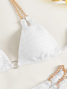 SHEIN Swim 2026春夏新款女款白色鏈條肩帶掛脖性感甜美海灘度假比基尼泳衣 2件組 - 白色 - 查看 6