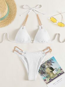 SHEIN Swim 2026春夏新款女款白色鏈條肩帶掛脖性感甜美海灘度假比基尼泳衣 2件組 - 白色 - 查看 3