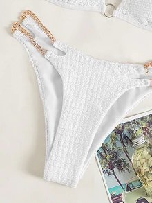 SHEIN Swim 2026春夏新款女款白色鏈條肩帶掛脖性感甜美海灘度假比基尼泳衣 2件組 - 白色 - 查看 7
