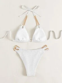 SHEIN Swim 2026春夏新款女款白色鏈條肩帶掛脖性感甜美海灘度假比基尼泳衣 2件組 - 白色 - 查看 5
