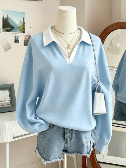 INAWLY Women's Colorblock Bow Embroidery Pattern Casual Cute Versatile Daily School Outing Long Sleeve Sweatshirt Back-To-School Light Blue Autumn