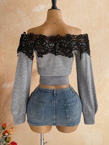 Soleia Women's Contrast Lace Off-Shoulder Long Sleeve Fashion Sweater,Date,Homecoming,Club - Light Grey - View 2