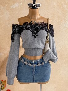 Soleia Women's Contrast Lace Off-Shoulder Long Sleeve Fashion Sweater,Date,Homecoming,Club - Light Grey - View 7