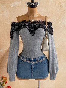 Soleia Women's Contrast Lace Off-Shoulder Long Sleeve Fashion Sweater,Date,Homecoming,Club - Light Grey - View 6