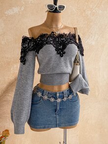 Soleia Women's Contrast Lace Off-Shoulder Long Sleeve Fashion Sweater,Date,Homecoming,Club - Light Grey - View 3