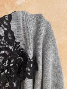 Soleia Women's Contrast Lace Off-Shoulder Long Sleeve Fashion Sweater,Date,Homecoming,Club - Light Grey - View 9