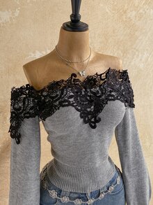 Soleia Women's Contrast Lace Off-Shoulder Long Sleeve Fashion Sweater,Date,Homecoming,Club - Light Grey - View 4