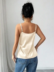 SHEIN Women's Elegant Lace Satin Camisole In Black - Apricot - View 2
