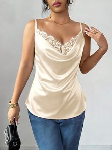 SHEIN Women's Elegant Lace Satin Camisole In Black - Apricot - View 4