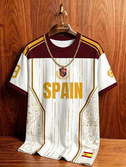 Manfinity Campus Court Vintage Spanish Team Style Red Yellow Blue Colorblock Striped Badge Letter Print Jacquard Short Sleeve Jersey Top, Street Casual Crew Neck Half Sleeve Shirt, Men's Women's Graphic T-Shirt, Men's Summer Fashion Travel Sports Shirt, Football, Football Equipment