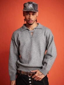 ROMWE MEN Essentials Men's Solid Color Casual Versatile Daily Wear Long Sleeve Sweater - Grey - View 5
