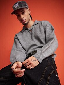 ROMWE MEN Essentials Men's Solid Color Casual Versatile Daily Wear Long Sleeve Sweater - Grey - View 4