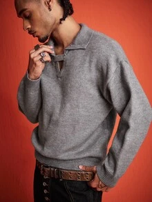 ROMWE MEN Essentials Men's Solid Color Casual Versatile Daily Wear Long Sleeve Sweater - Grey - View 6