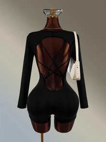Amplova Women's Solid Color Backless Criss-Cross Design Long Sleeve Athletic Romper Black Backless Sexy Gym Workout Fitness Running Going Out Training Fashion - Black - View 4