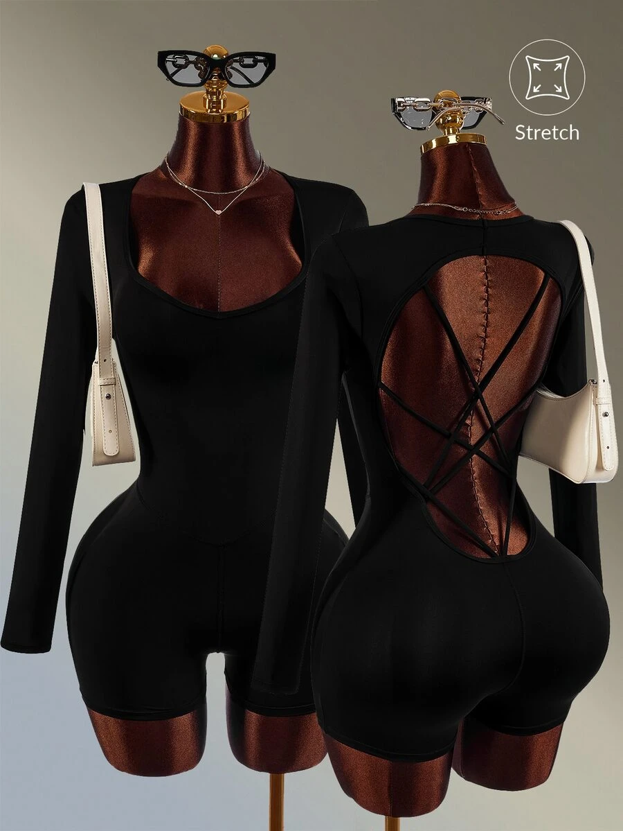 Amplova Women's Solid Color Backless Criss-Cross Design Long Sleeve Athletic Romper Black Backless Sexy Gym Workout Fitness Running Going Out Training Fashion - Black - View 1