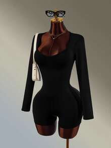 Amplova Women's Solid Color Backless Criss-Cross Design Long Sleeve Athletic Romper Black Backless Sexy Gym Workout Fitness Running Going Out Training Fashion - Black - View 3