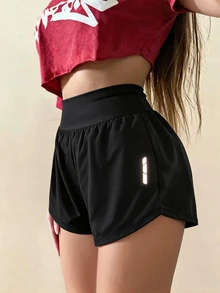 SHEIN Dewbera 夏季 2 合 1 跑步舒適防走光瑜伽短褲 皮拉提斯健身房亮黑基本款顯腿肌 - 黑色 - 查看 1