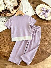Setelan 2 Potong Kaos & Celana untuk Anak Perempuan, Atasan Lengan Pendek Motif Huruf 2-in-1, Pakaian Kasual Musim Gugur untuk Sekolah & Bermain - Mauve Purple - View 3