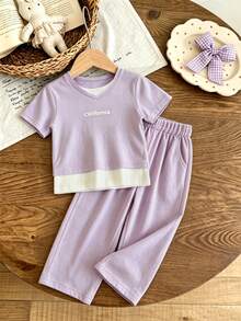 Setelan 2 Potong Kaos & Celana untuk Anak Perempuan, Atasan Lengan Pendek Motif Huruf 2-in-1, Pakaian Kasual Musim Gugur untuk Sekolah & Bermain - Mauve Purple - View 5