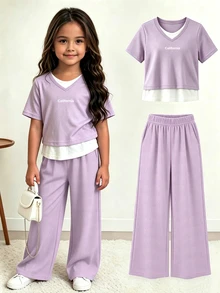 Setelan 2 Potong Kaos & Celana untuk Anak Perempuan, Atasan Lengan Pendek Motif Huruf 2-in-1, Pakaian Kasual Musim Gugur untuk Sekolah & Bermain - Mauve Purple - View 2