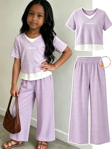 Setelan 2 Potong Kaos & Celana untuk Anak Perempuan, Atasan Lengan Pendek Motif Huruf 2-in-1, Pakaian Kasual Musim Gugur untuk Sekolah & Bermain - Mauve Purple - View 4