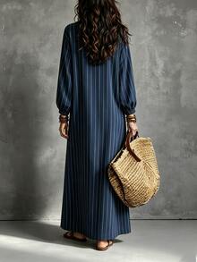 SHEIN Casual Boho Elegant Long Sleeve Navy Blue Button-Front Dress For Summer/, Suitable For Outings, Social Events And Commuting Vacation - Multicolor - View 2