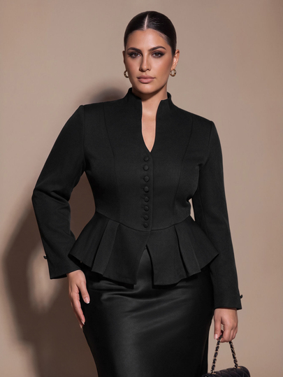 SHEIN BAE CURVE Plus Size Women's Black Stand Collar Waist-Cinching Blazer,A Black Blazer Featuring A Stand Collar And A Ruffled Hem. Designed With Long Sleeves,