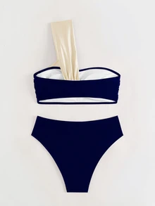 Costavie 女款夏季海灘拼接色單肩性感時尚比基尼兩件式泳衣套裝 - 藏蓝色 - 查看 2