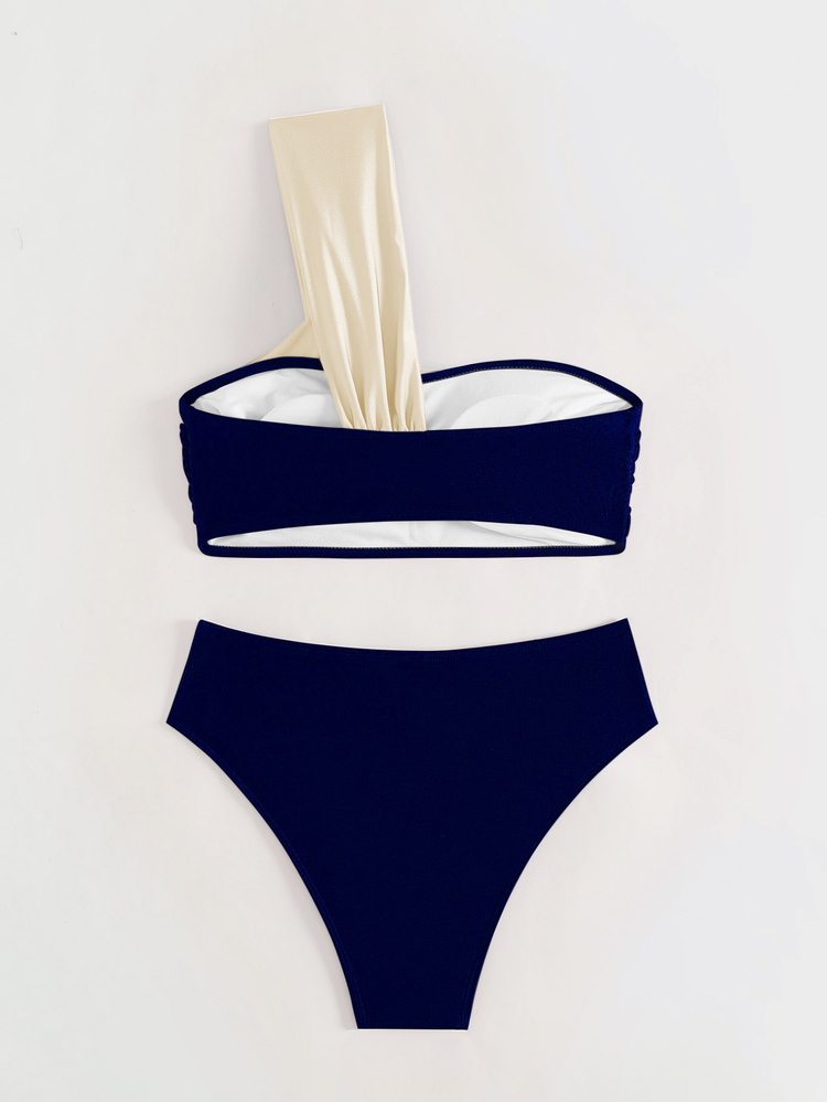 Costavie 女款夏季海灘拼接色單肩性感時尚比基尼兩件式泳衣套裝 - 藏蓝色 - 查看 2