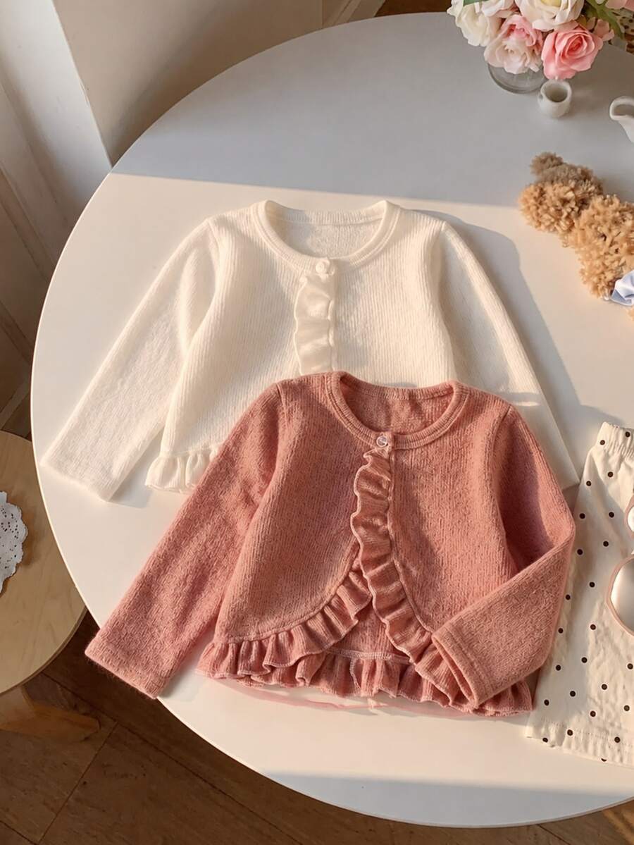 SHEIN Genkimix Kids Young Girls Solid Color Long Sleeve Knit Cardigan Simple Style Multi-Piece Set Suitable For Spring And Autumn Casual Daily Wear