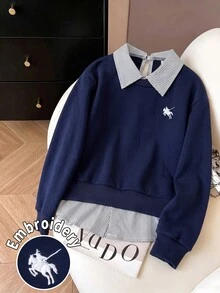 SHEIN 女童條紋領拼接騎士刺繡圖案休閒百搭日常長袖衛衣，適合日常出遊、返校、聚會等場合 - 藏蓝色 - 查看 3