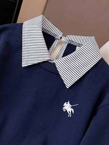 SHEIN 女童條紋領拼接騎士刺繡圖案休閒百搭日常長袖衛衣，適合日常出遊、返校、聚會等場合 - 藏蓝色 - 查看 4