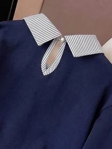 SHEIN 女童條紋領拼接騎士刺繡圖案休閒百搭日常長袖衛衣，適合日常出遊、返校、聚會等場合 - 藏蓝色 - 查看 8