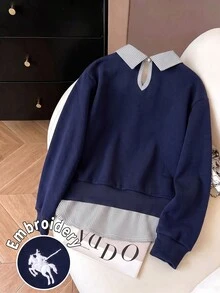 SHEIN 女童條紋領拼接騎士刺繡圖案休閒百搭日常長袖衛衣，適合日常出遊、返校、聚會等場合 - 藏蓝色 - 查看 2