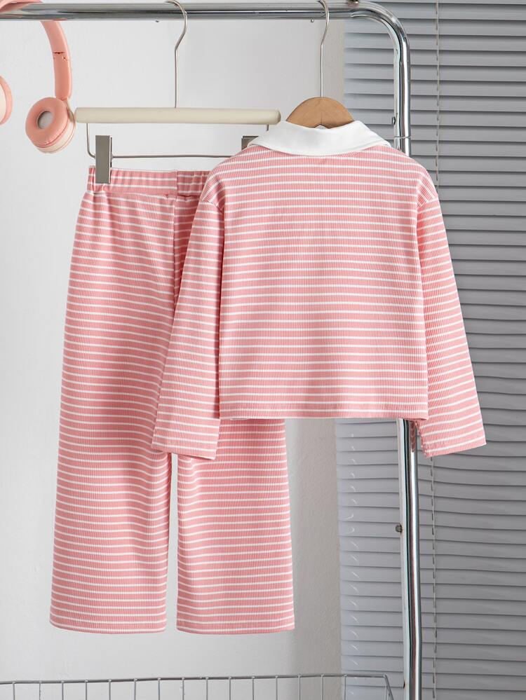 2pcs Girls Striped Collar Long Sleeve Knit Top And Pants Set, Fashionable Children Casual Outfit - Pink - View 2