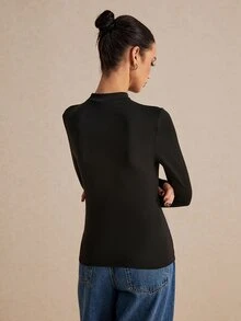 Poéselle Women High Stretch Knit 100 Cotton Black Turtleneck T-Shirt Solid Basic Layering Top Versatile Four Season Back To School Wardrobe Staple Everyday - Black - View 3
