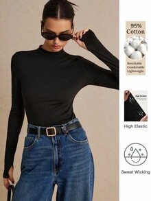 Poéselle Women High Stretch Knit 100 Cotton Black Turtleneck T-Shirt Solid Basic Layering Top Versatile Four Season Back To School Wardrobe Staple Everyday - Black - View 2