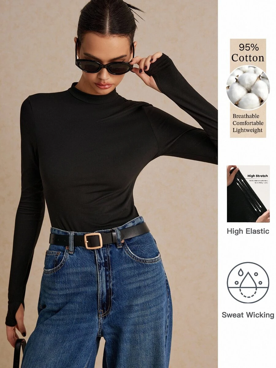 Poéselle Women High Stretch Knit 100 Cotton Black Turtleneck T-Shirt Solid Basic Layering Top Versatile Four Season Back To School Wardrobe Staple Everyday